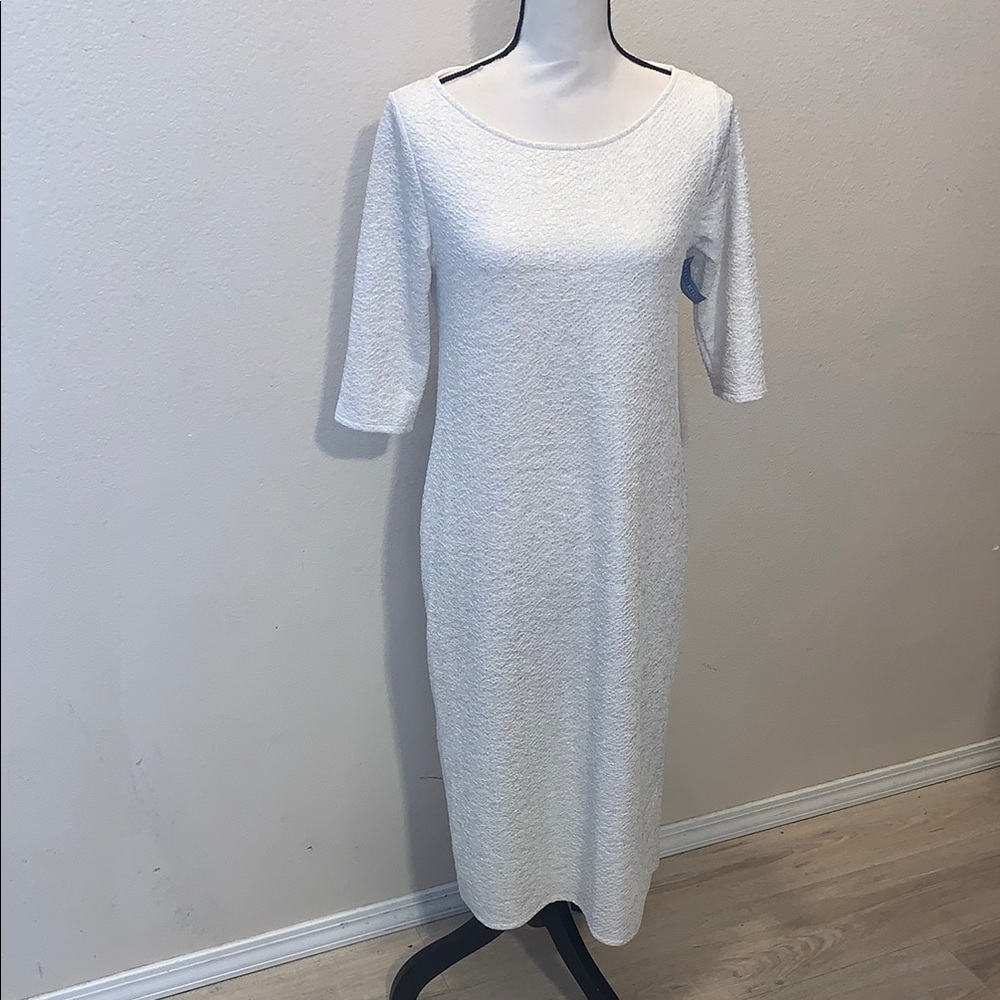 Pink Blush Elegant White Silver Sparkly Midi Dress Elbow Sleeves Maternity M